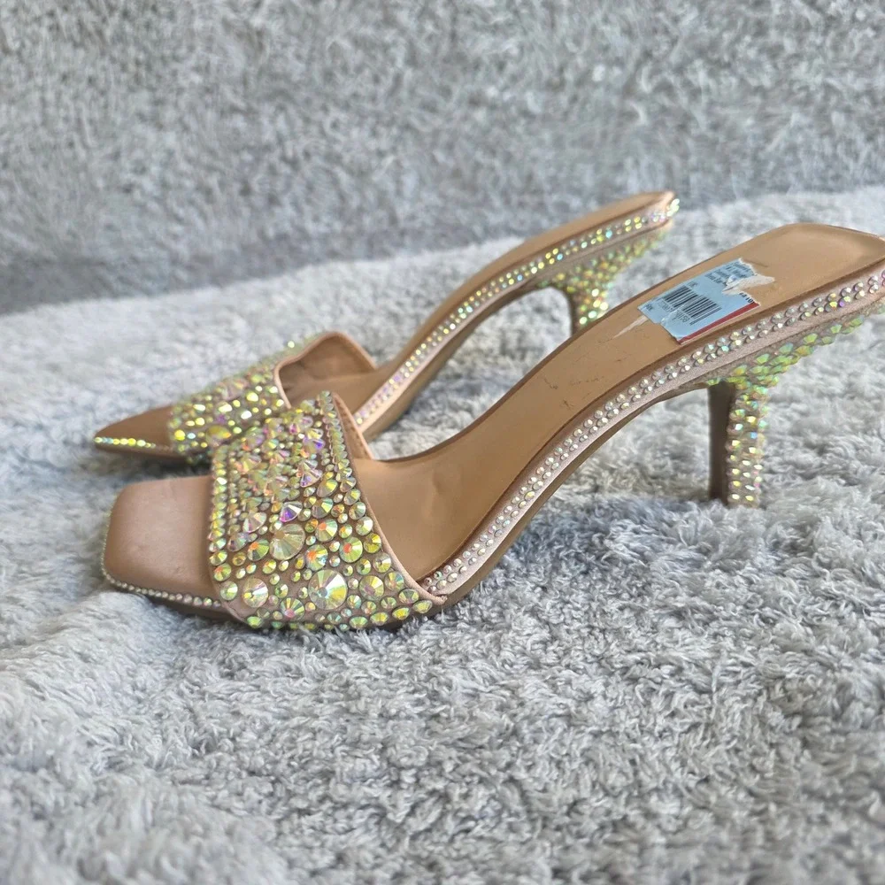 INC Rhinestone Iridescent Embellished Heels Square Toe Party Dress Sandals Sz 6M
